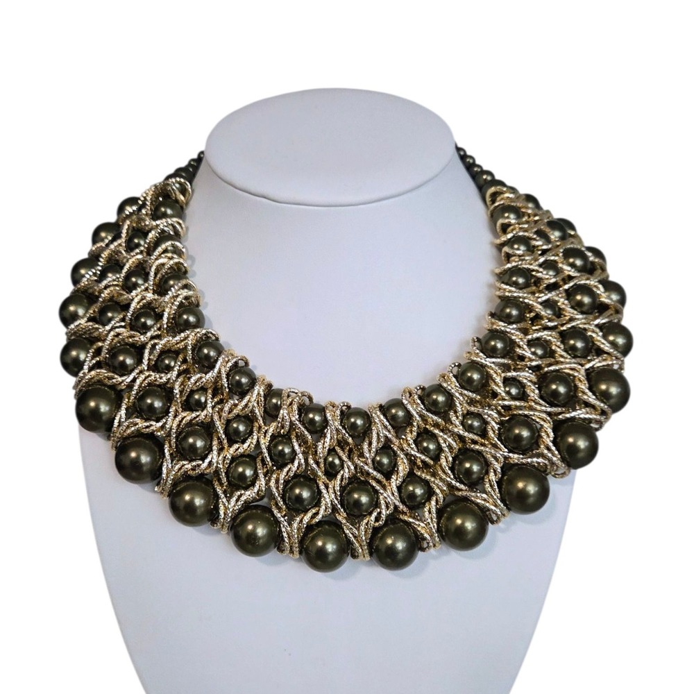 Bib Collar STATEMENT Necklace Graduated Beads Faux Pearls Woven Gold Tone Chains